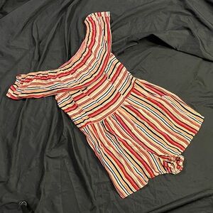 S Orange Red and Blue striped Xhileration romper stretchy ruffled shoulders.